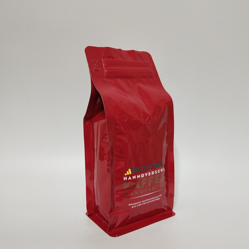 500g or 1 pound glossy red coffee block bottom bags with foil lining and one way degassing valve
