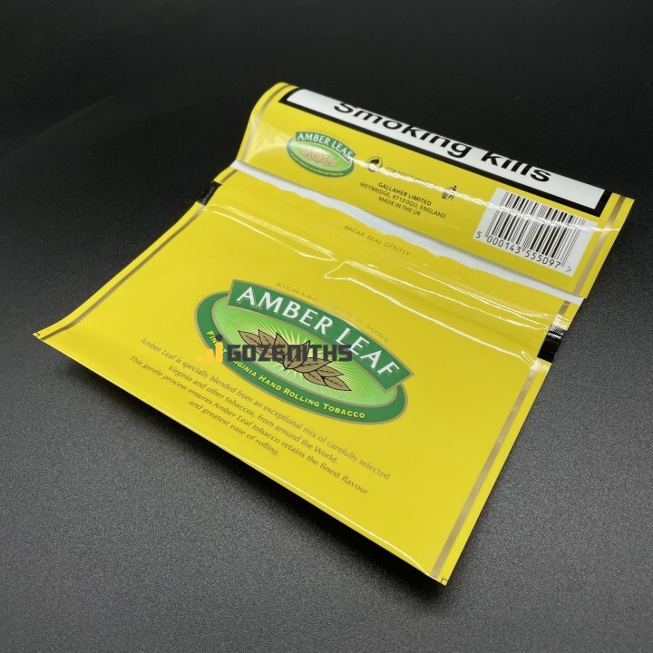 Yellow glossy custom printed tobacco bags containing 50grams tobacco.