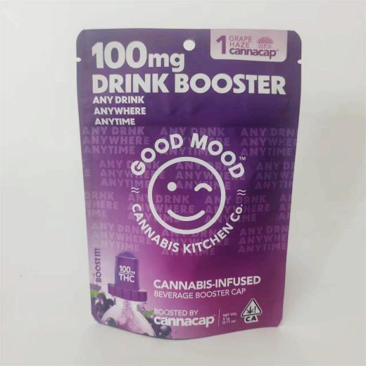 0.11oz 3.1g Purple THC stand up bag with child-proof zipper and hang hole for cannabis-infused beverage booster cap packaging