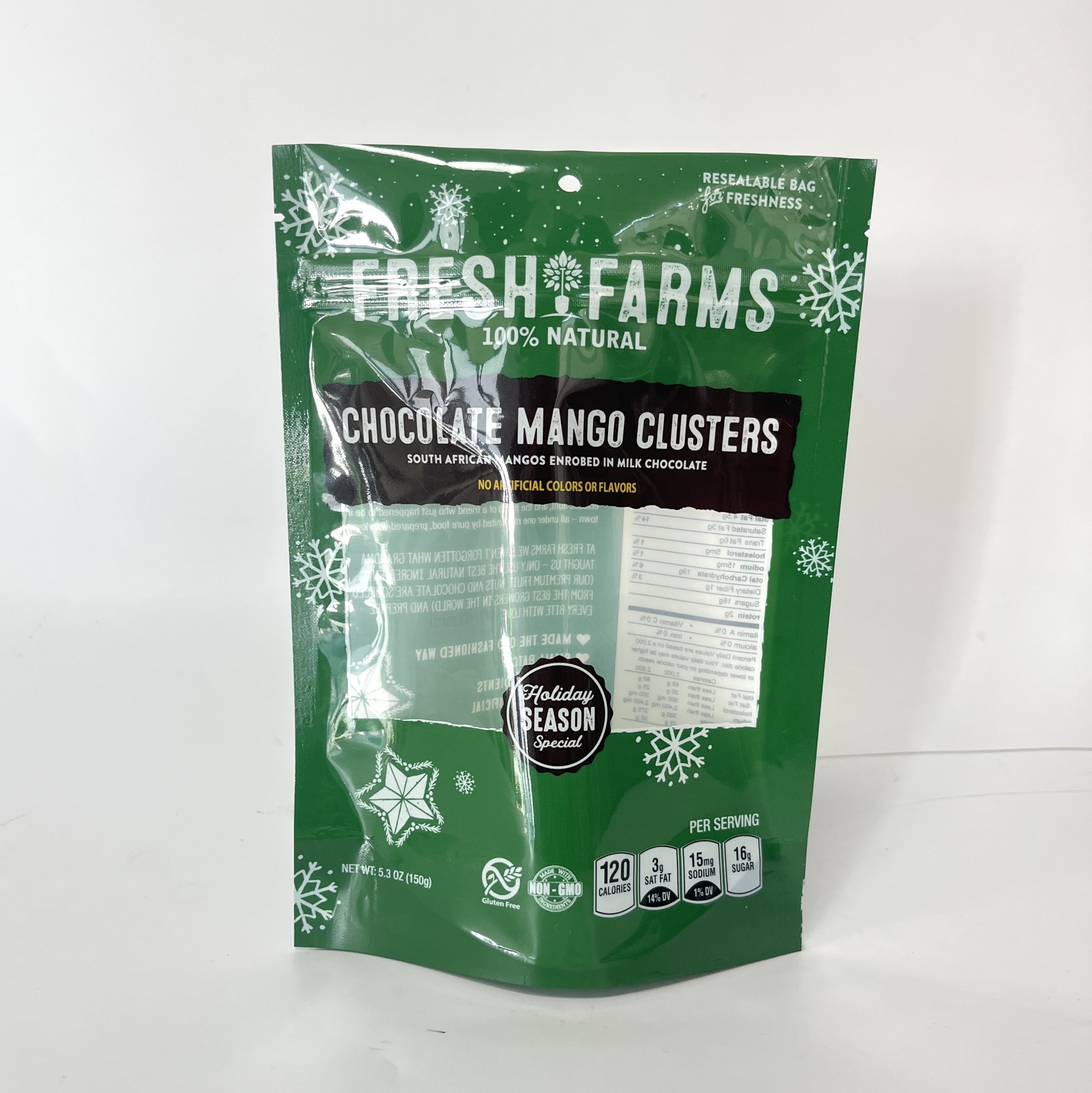 150g Chocolate Mango Clusters stand up pouch with window and zipper