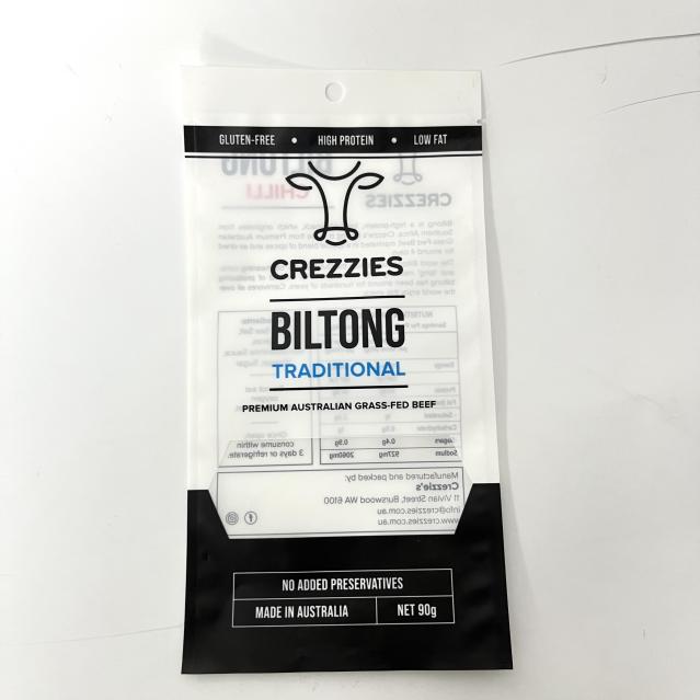 The three-sided seal bag non-foil lined packaging with a hexagonal window for biltong