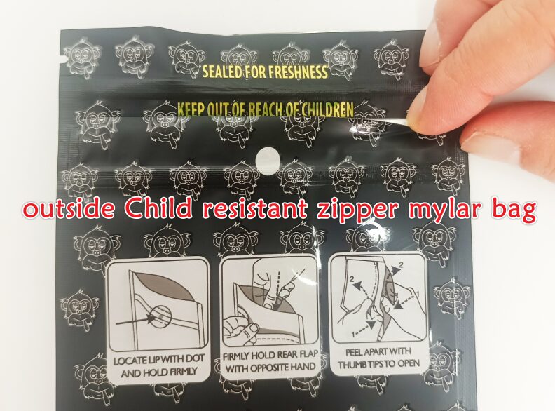 outside Child resistant zipper mylar bag