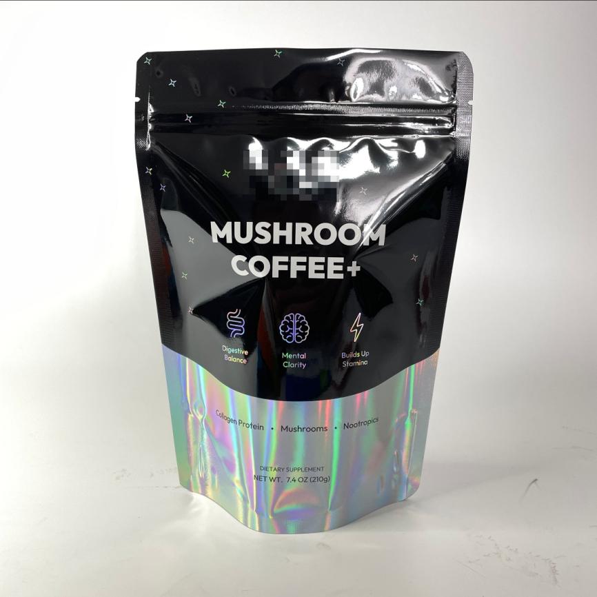 High-barrier holographic 210g mushroom coffee powder packaging
