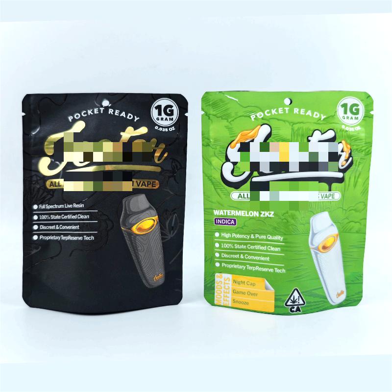 UV Soft Touch Custom Stand Up Pouch with Interior Child Resistant zipper for 1G Cannabis Vape Packaging