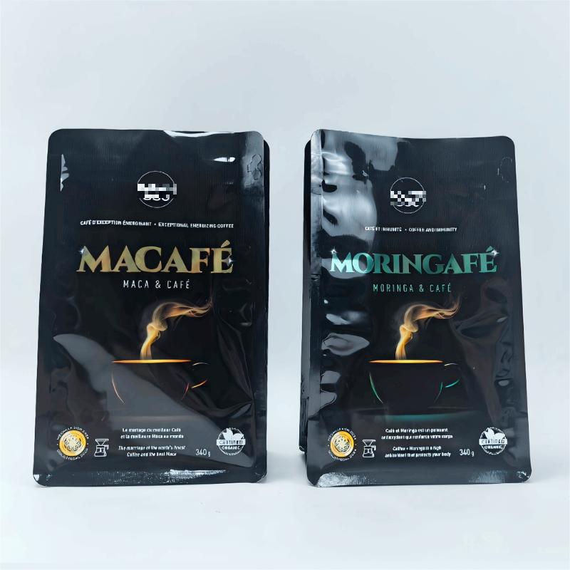 Custom Flat Bottom Coffee Bags with Valve for 340g MACA & Moringa Café